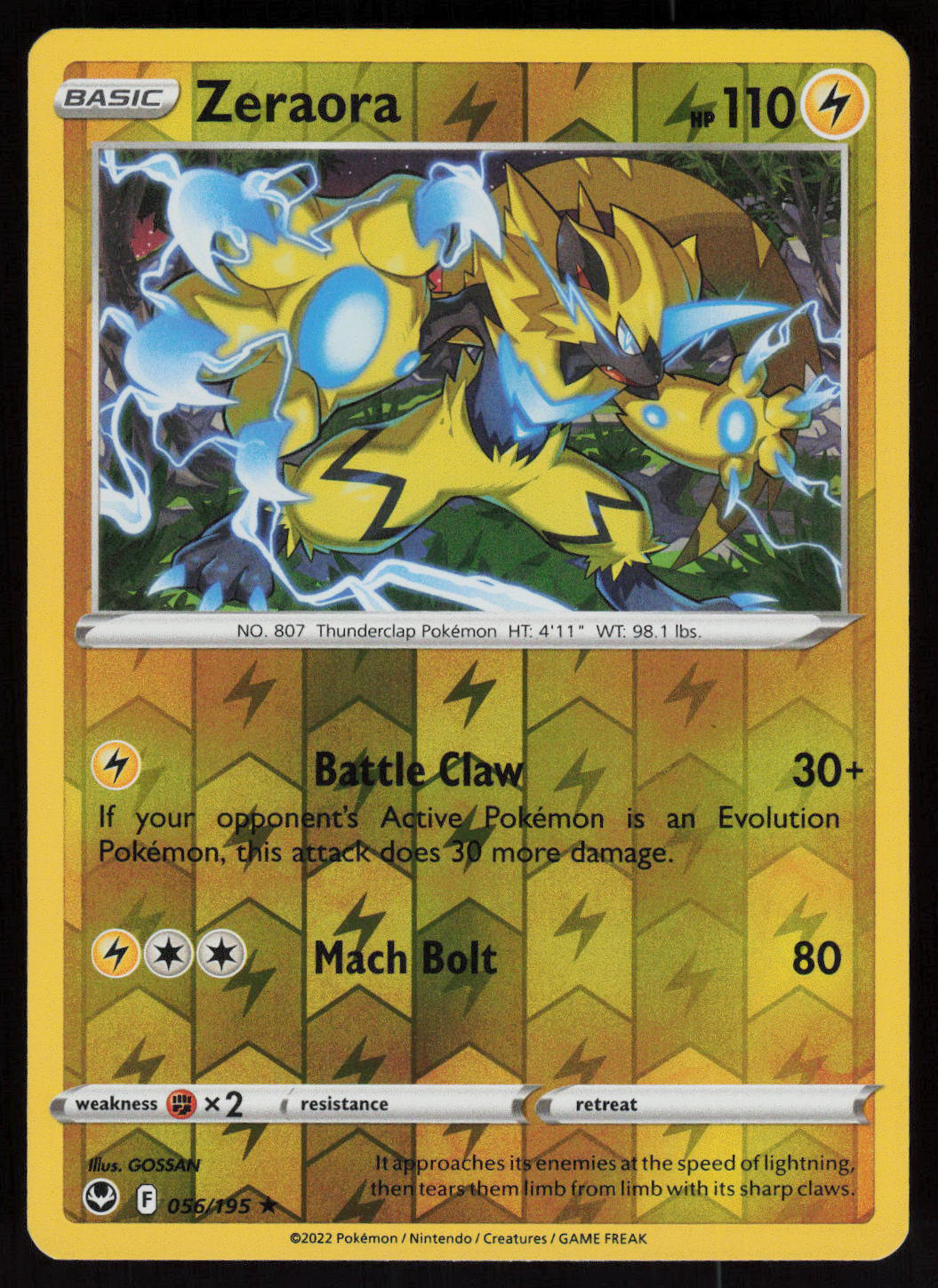 Zeraora Reverse Holo Rare SWSH12: Silver Tempest 056/195 NM