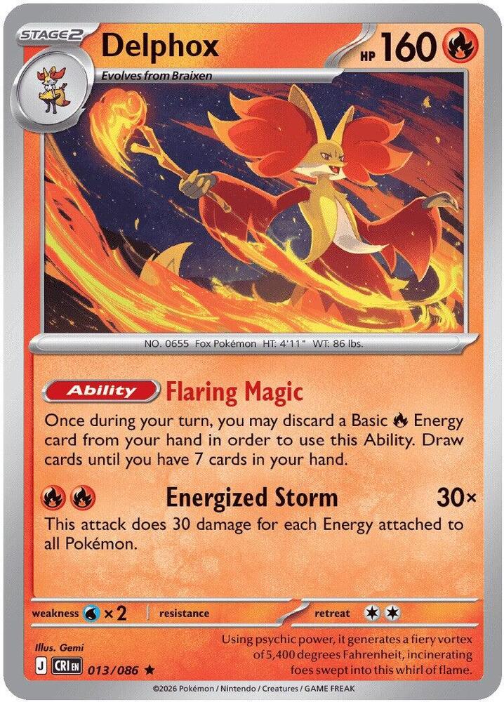 Delphox Reverse Holo Rare ME04: Chaos Rising 013/086 NM