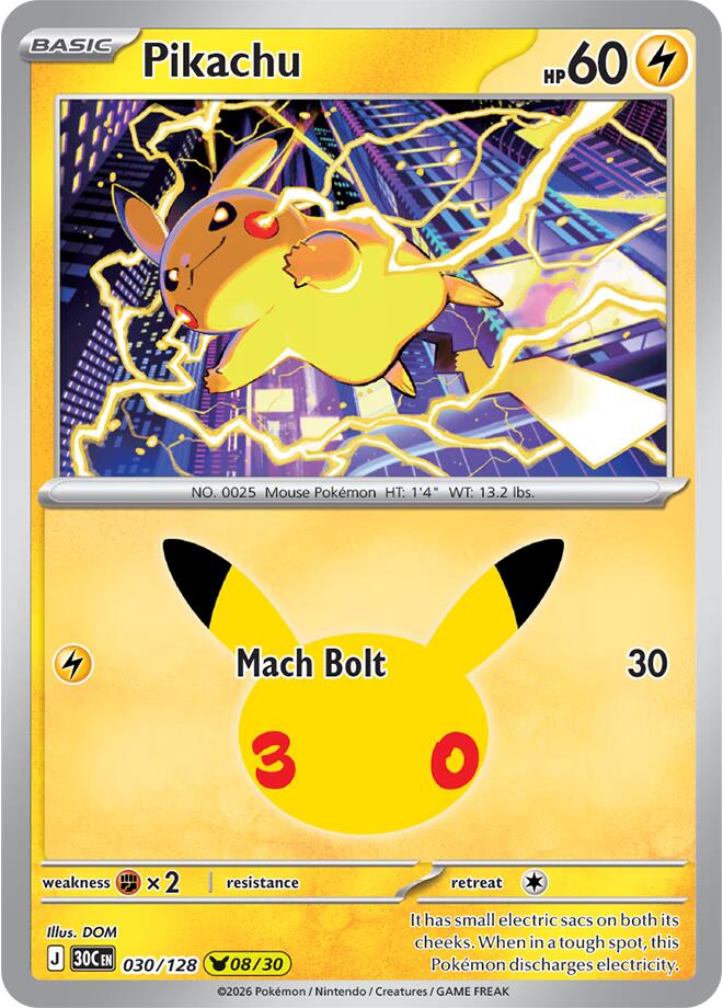 Pikachu Holo Pikachu Rare ME: 30th Celebration 030/128 NM